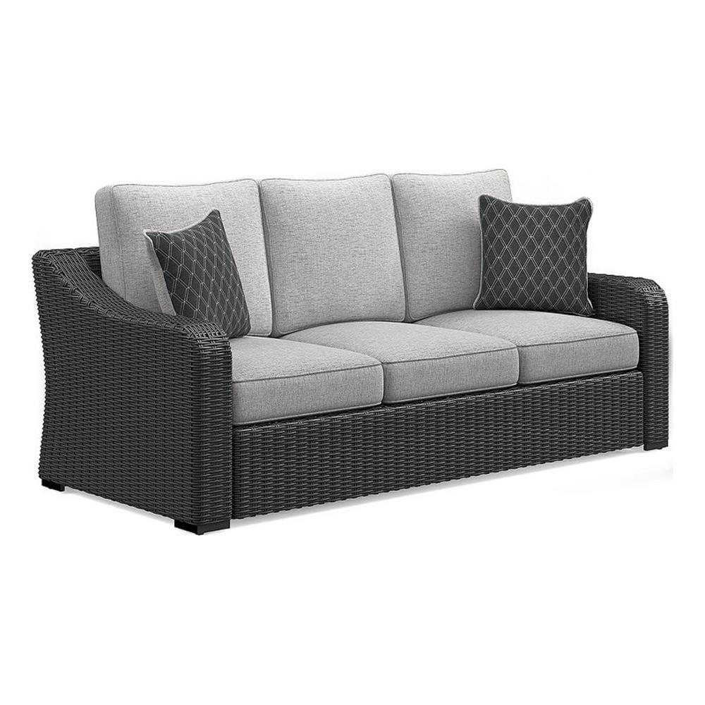 Beachcroft Gray Wicker Three-Seat Outdoor Sofa with Cushions