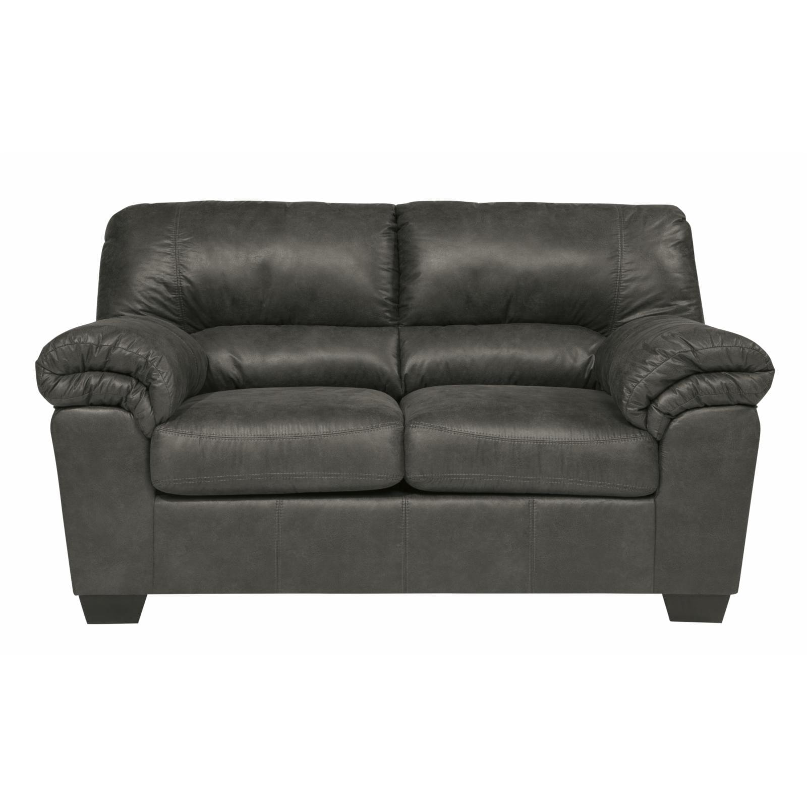 Traditional Slate Gray Faux Leather Loveseat with Plush Pillows