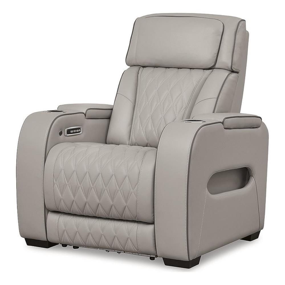 Gray Leather Power Recliner with Metal Frame and Heated Seat