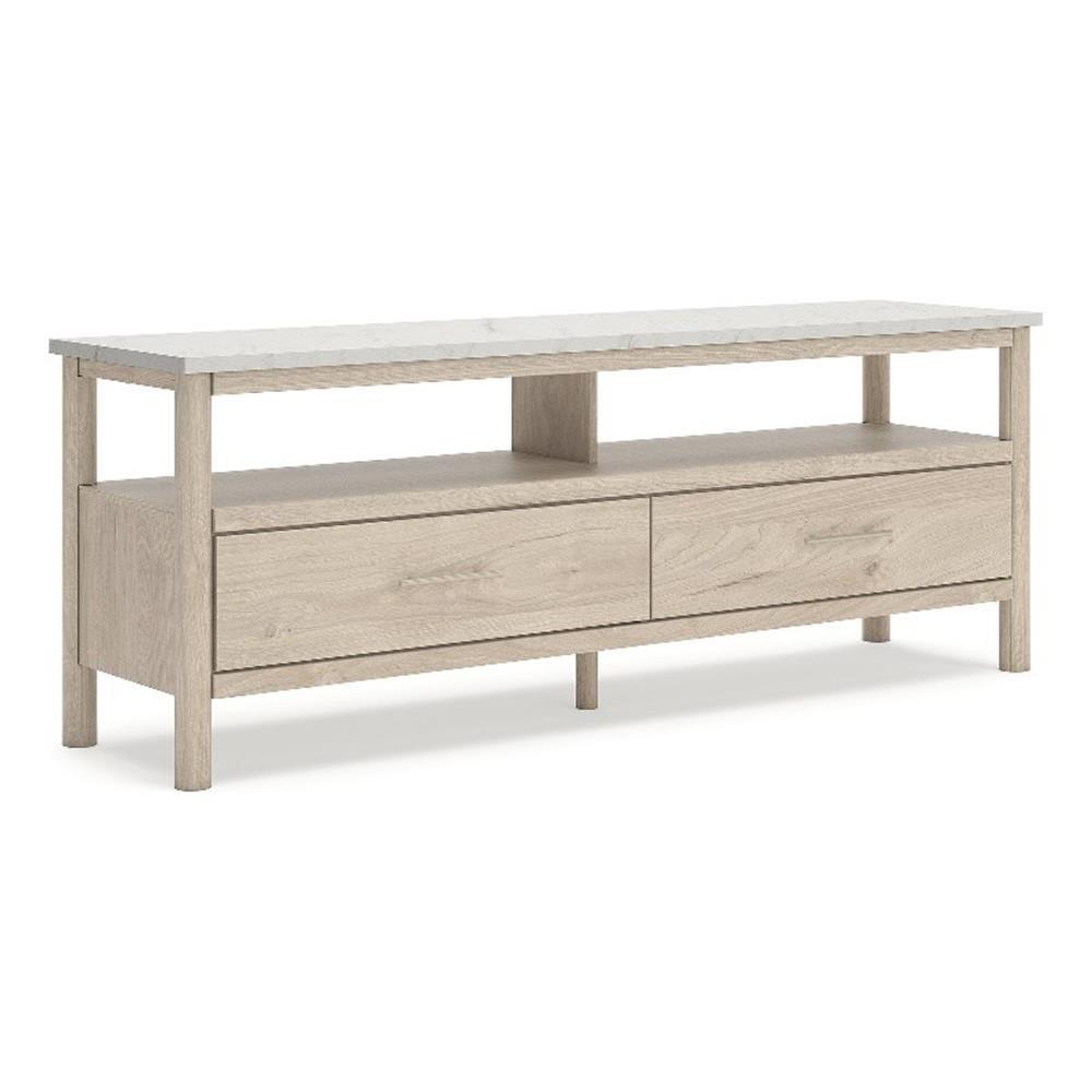 Beige and White Faux Marble Top TV Stand with Storage