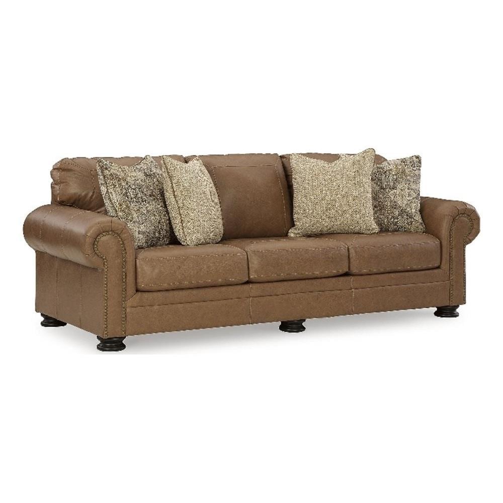 Traditional Brown Faux Leather Sofa with Nailhead Trim