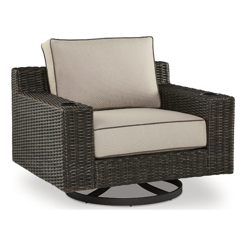 Beige and Brown Outdoor Swivel Lounge Chair with Cushions