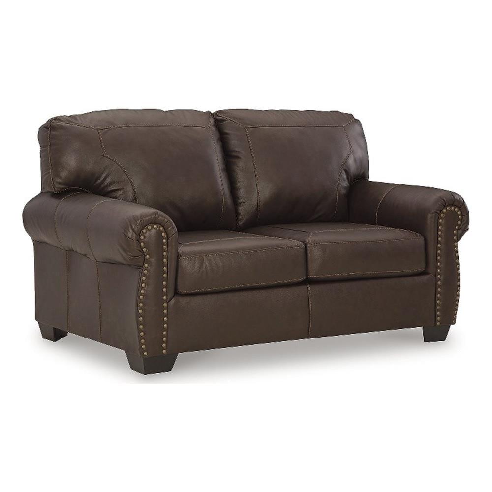 Dark Brown Tufted Faux Leather Loveseat with Nailhead Trim