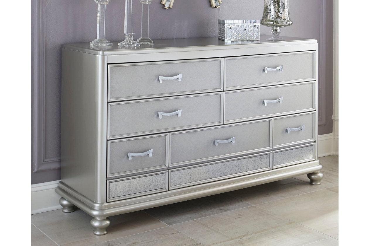 Dresser Silver - Signature Design by Ashley: Hollywood Regency Style, 7 Drawers, Faux Shagreen Texture