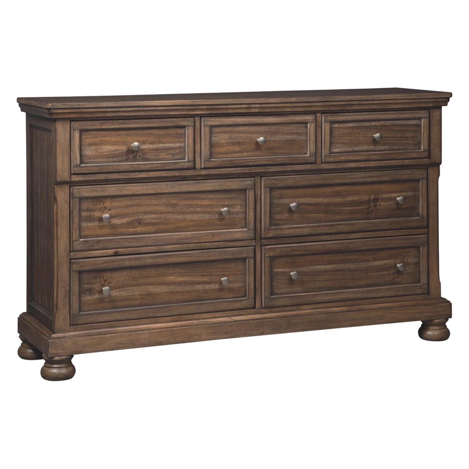 Traditional Tobacco Brown Dresser with Aged Brass Knobs and Mirror