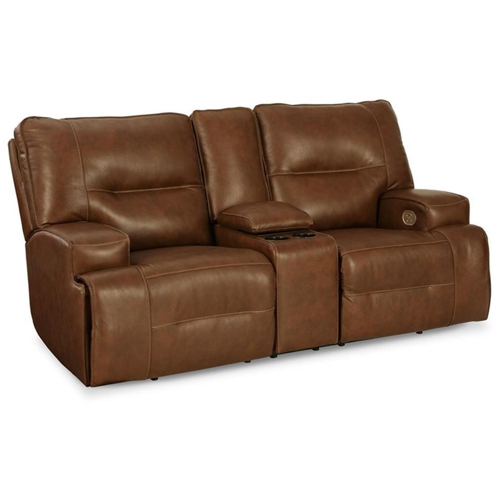 Brown Faux Leather Power Reclining Sectional with Cup Holder