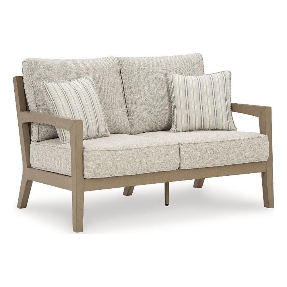 Beige Wood Stationary Loveseat with Cushion