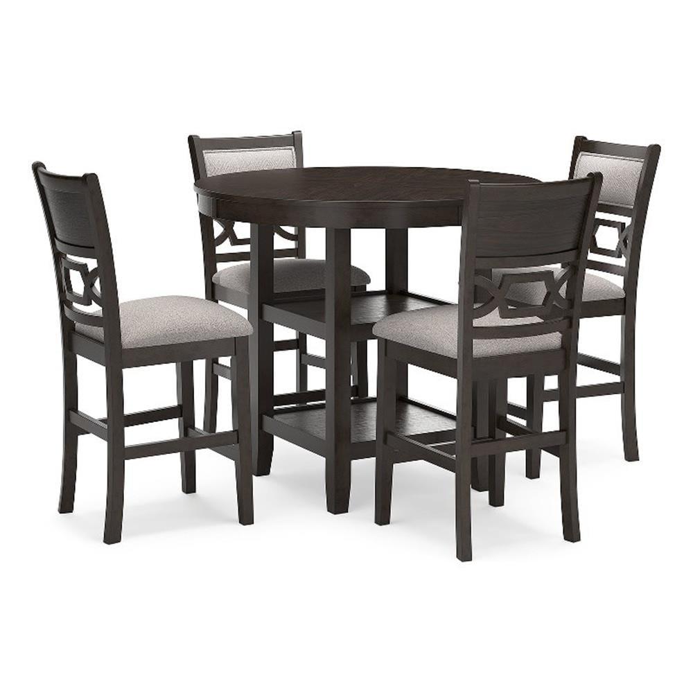 Cherry Brown Transitional Round Counter Height Dining Table with 4 Barstools