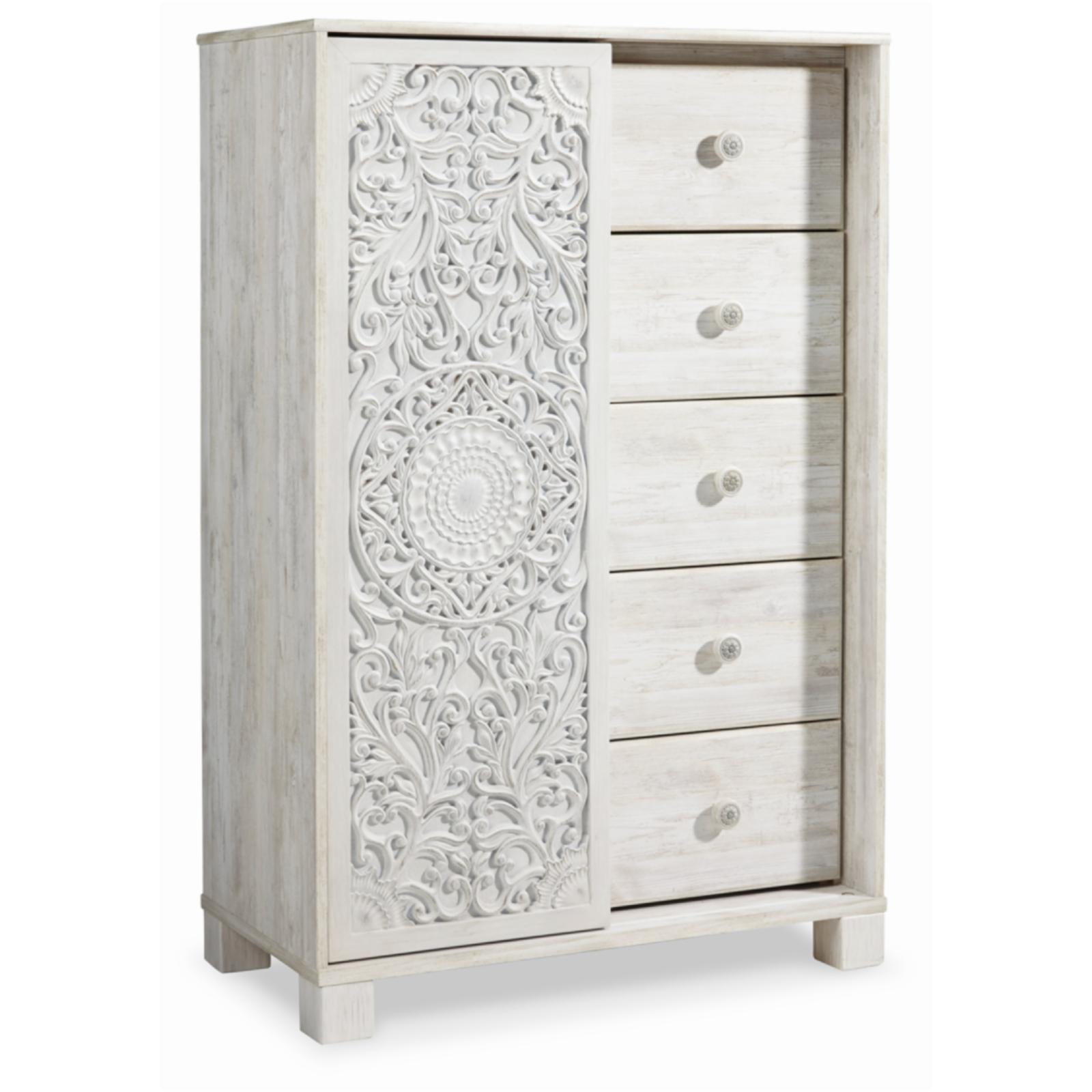 Whitewash Bohemian 5-Drawer Chest with Carved Door