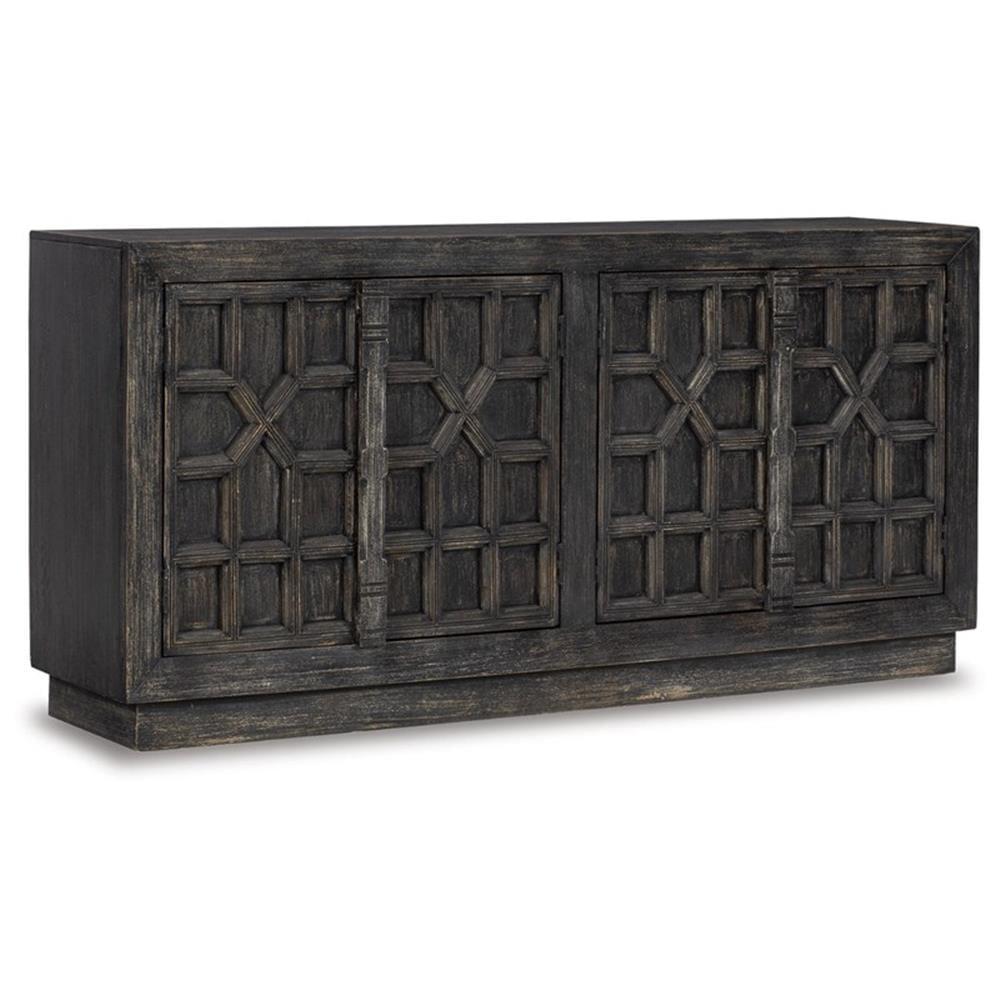 Distressed Black Wood 72" Accent Cabinet with Patterned Doors