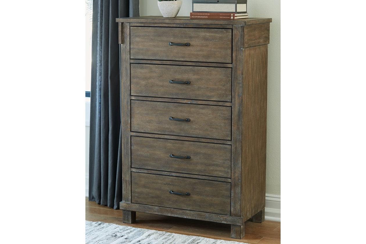 Transitional Shamryn 5-Drawer Chest in Rich Brown with Bronze Pulls