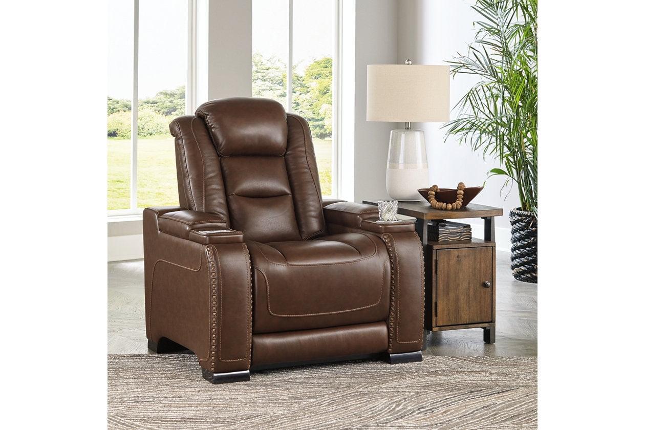 Contemporary Brown Leather Power Recliner with USB Charging