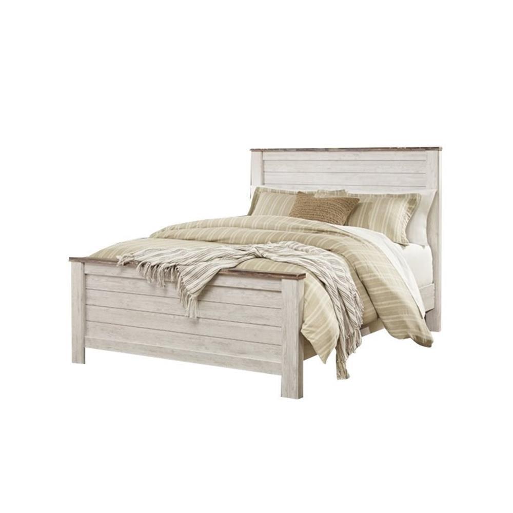 Whitewash Queen Panel Bed with Wood Frame and Headboard