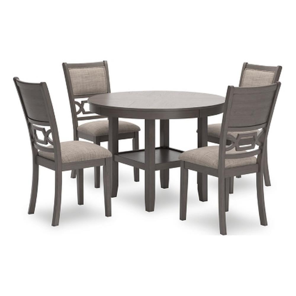 Gray Transitional Round Dining Table with 4 Upholstered Chairs