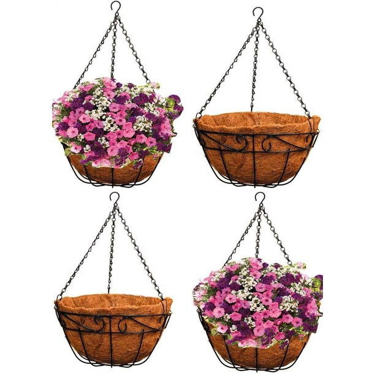 12 Inch Round Black Metal Hanging Planter Baskets with Coco Liner (4-Pack)