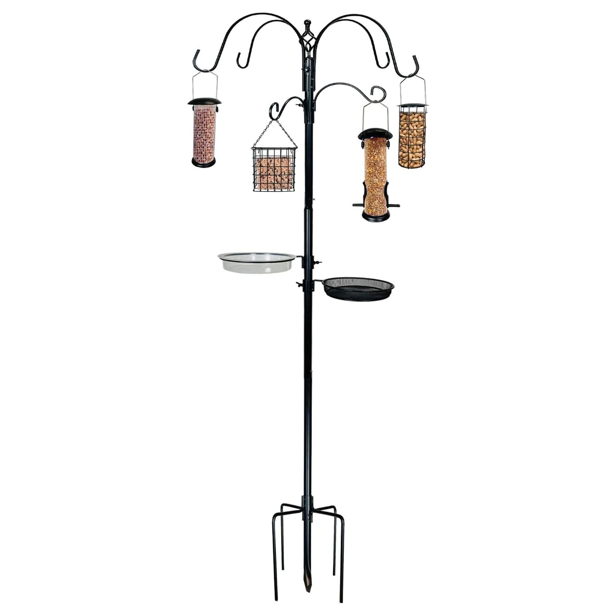 Black Metal Bird Feeding Station with 4 Feeders and Birdbath