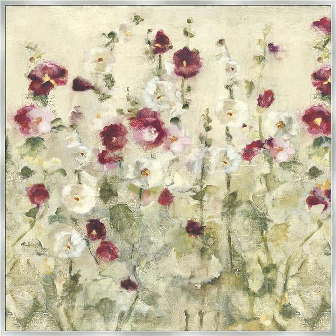 Hollyhocks Row-Crop Floral Canvas Print with Silver Frame