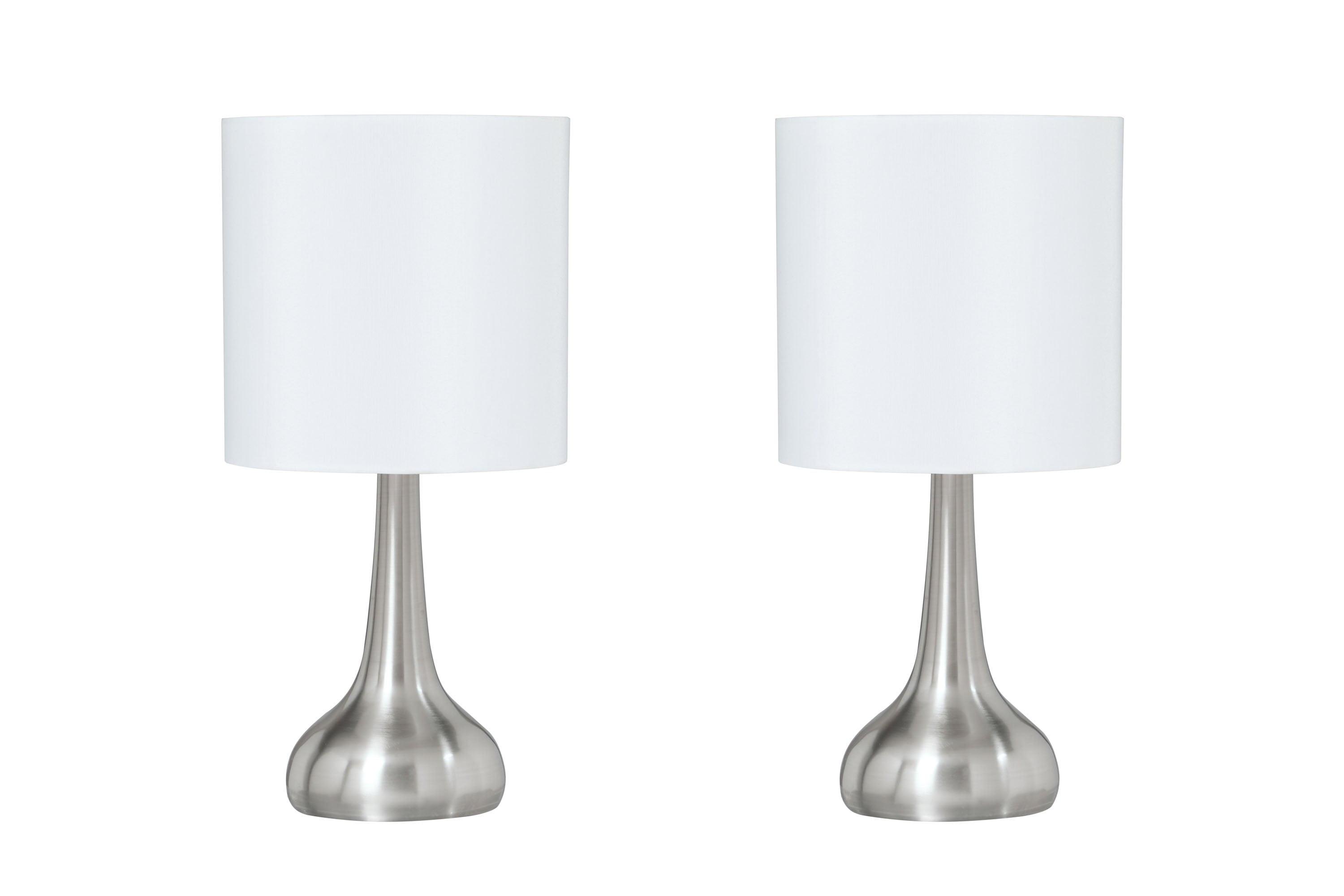 Aspen Creative 40231-12, Two Pack - 14-1/2" High Transitional Metal Table Lamp, Satin Nickel Finish and Drum Shaped Lamp Shade in Off White, 7" Wide