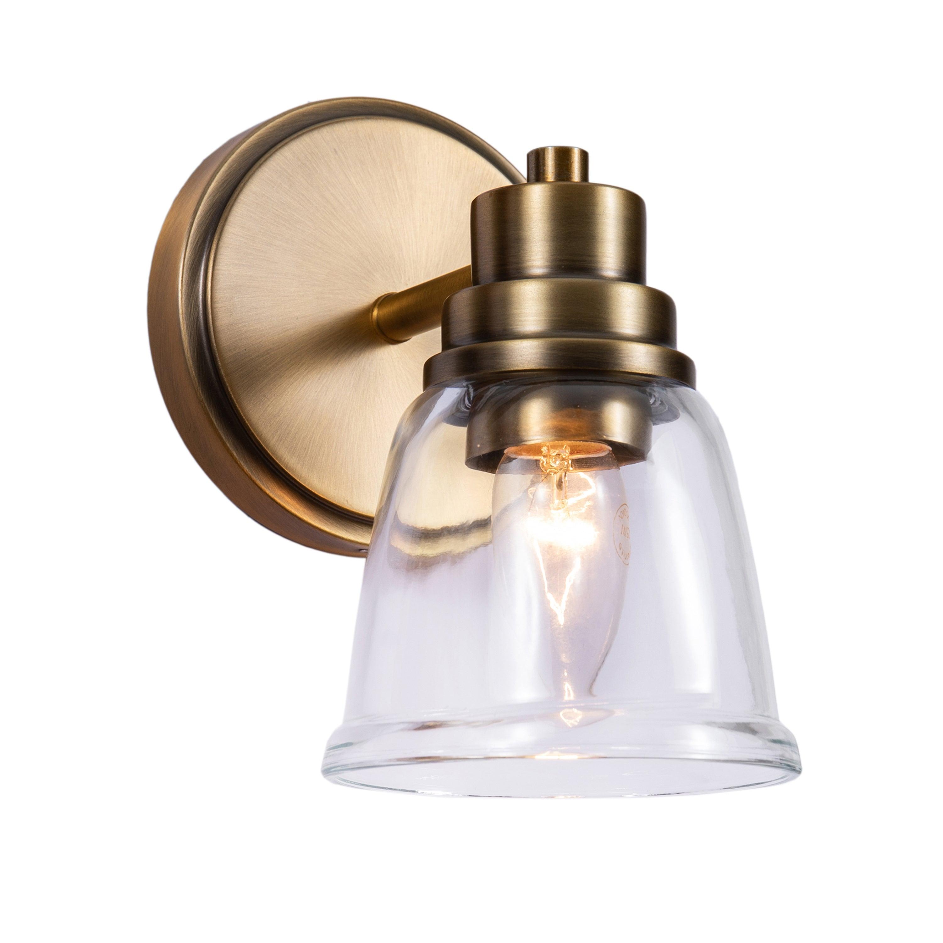 Aspen Creative 62283, Bathroom Vanity 1 Light Fixture, 5" W x 7-7/8" H x 6-3/4" E, Warm Brass Finish, Clear Glass, Bulb Not Included