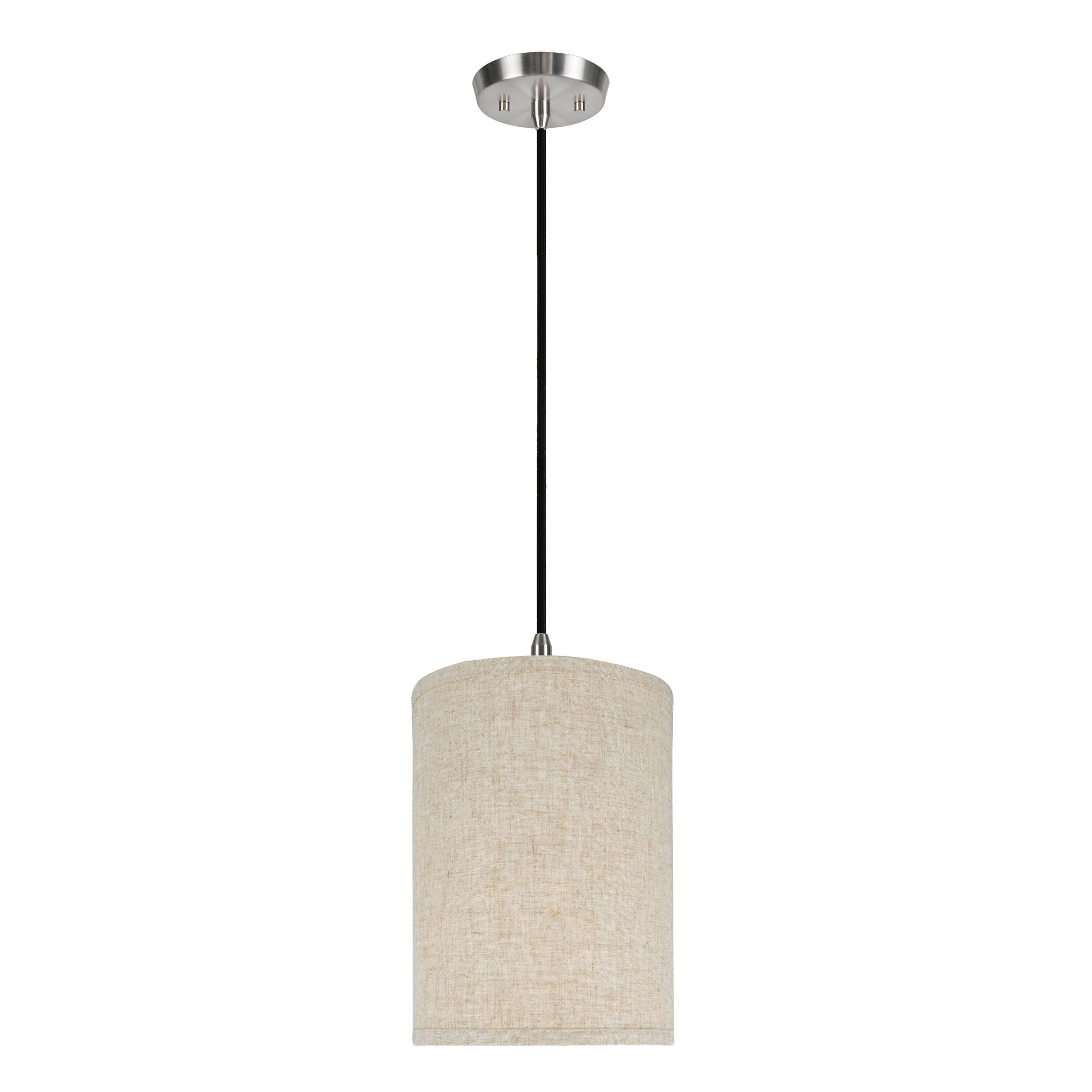 Satin Nickel 8" Drum Pendant Light with Beige Linen Shade