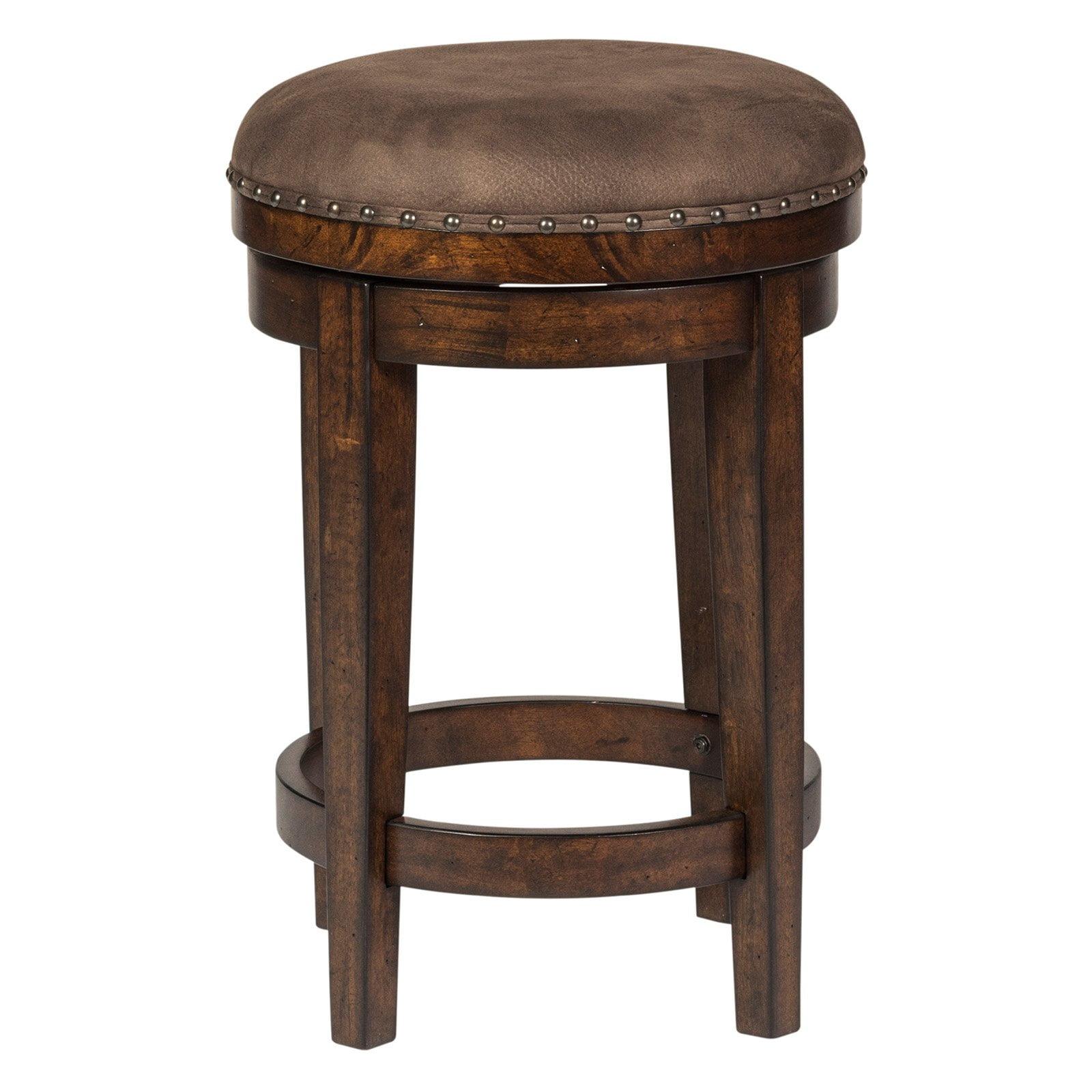 Russet Brown Backless Swivel Wood Stool with Upholstered Seat