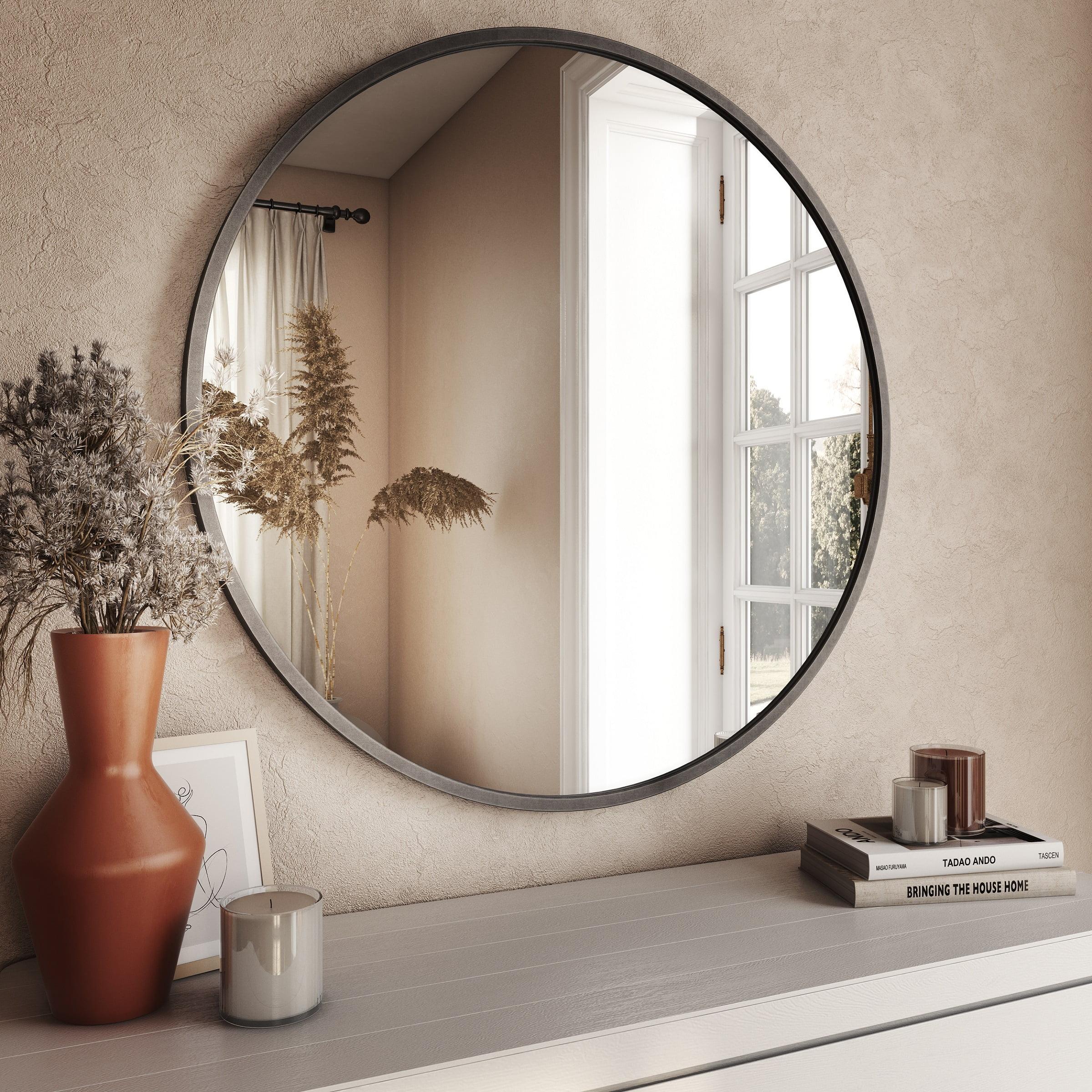 Gray 32" Round Metal Frame Wall Mirror