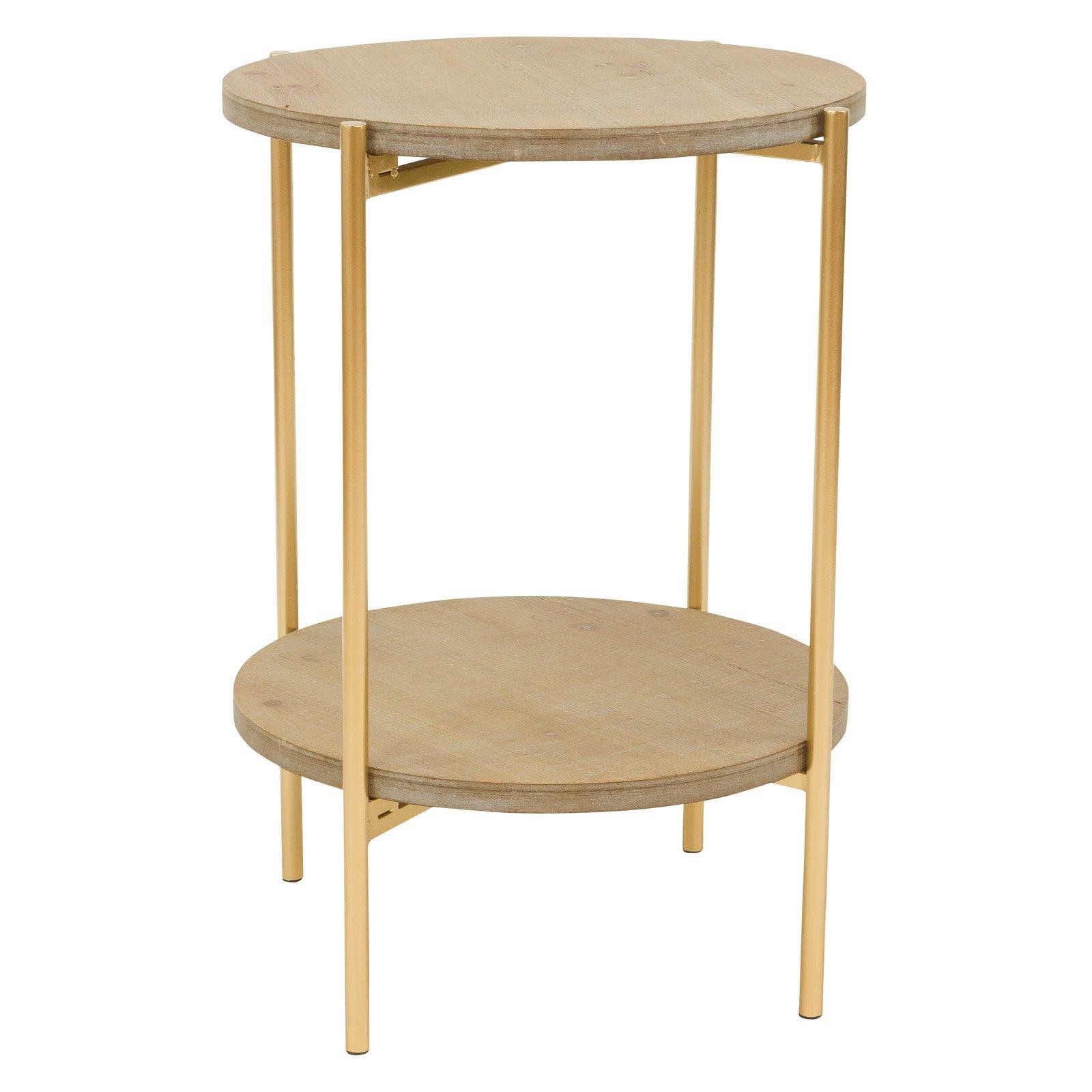 Modern Round Wood & Metal Accent Table with Dual Shelves - 16.5"