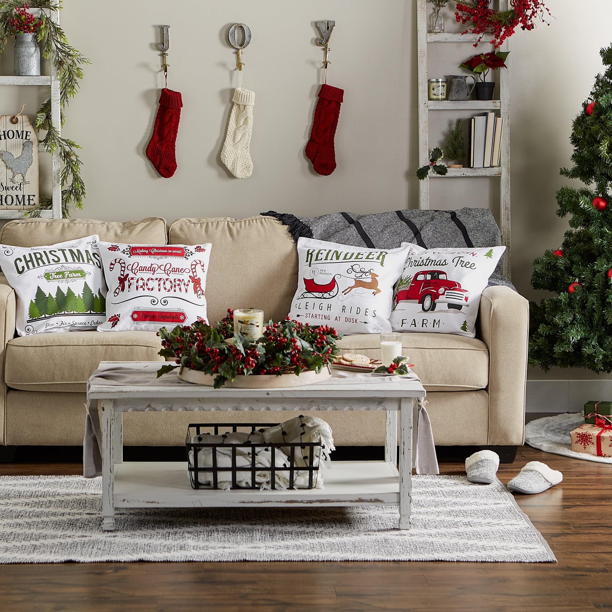 Set of 4 Christmas Cotton Throw Pillow Covers with Festive Prints