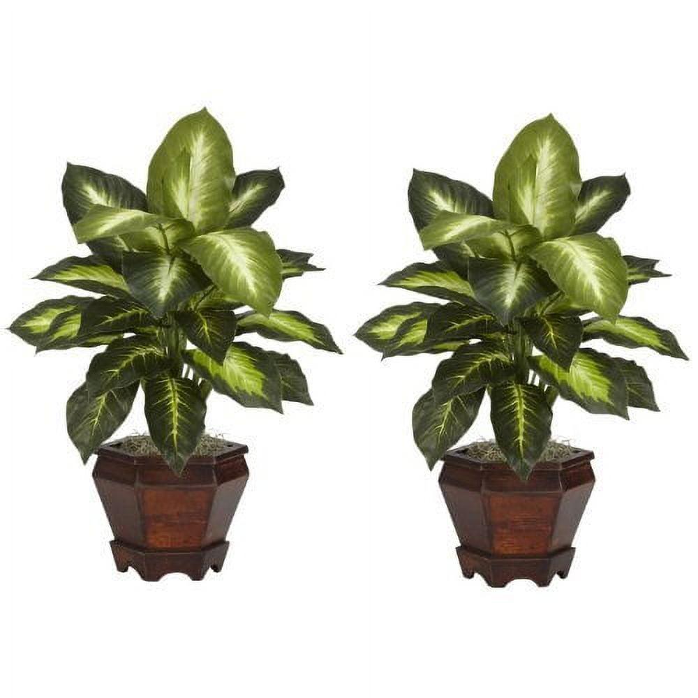 Nearly Natural Dieffenbachia with Wood Vase Silk Plant (Set of 2), Golden