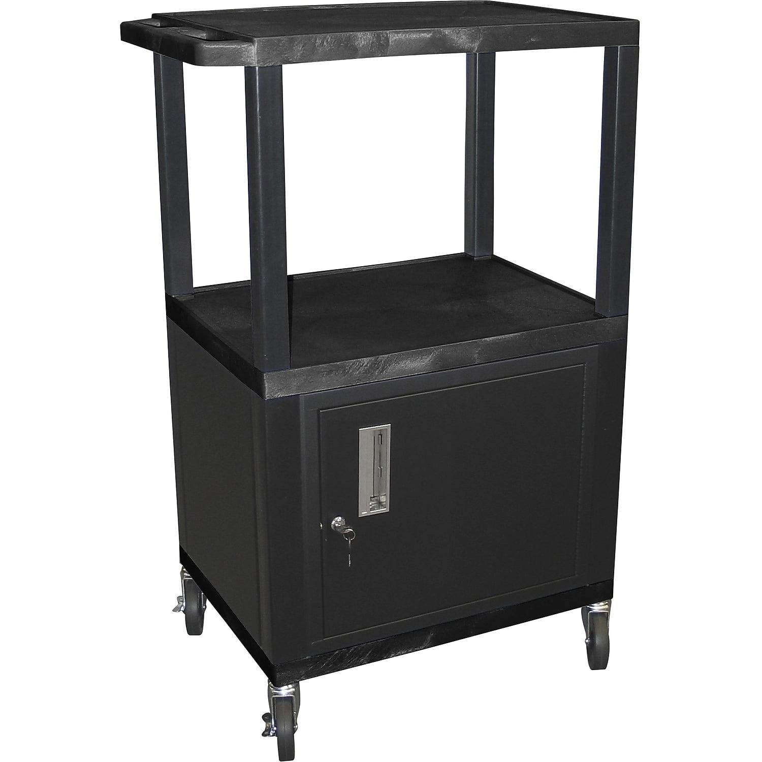 Black 42" 3-Shelf AV Cart with Locking Cabinet