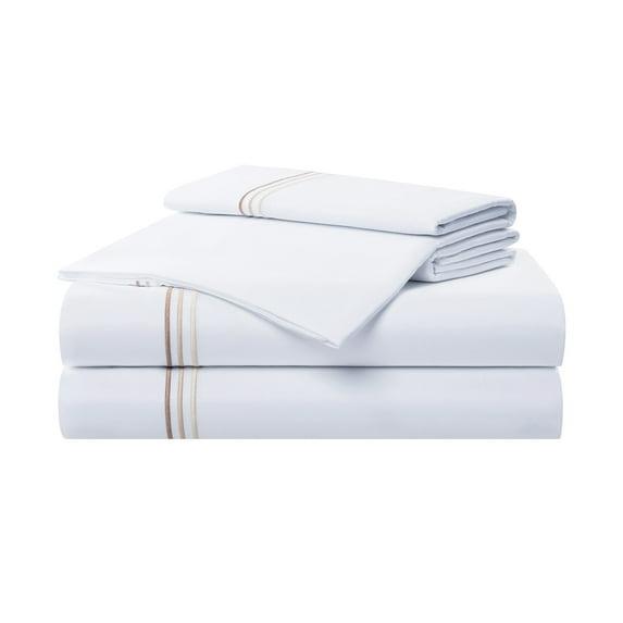 Aston & Arden Sateen 4-Piece Sheet Set (California King), Luxury 600 Thread Count, Silky Sateen Cotton, Pristine White with Fine Baratta Embroidered 3-Stripe Hem, Fawn Beige