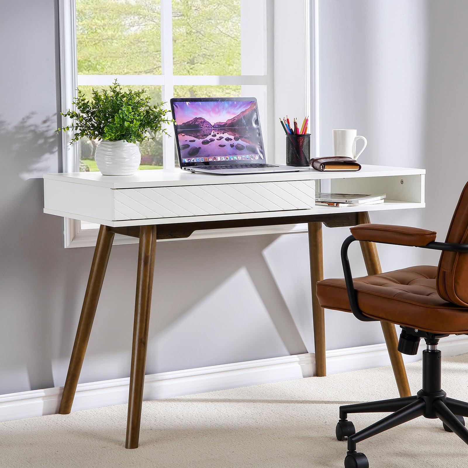 White Mid Century Modern Writing Desk with Drawer and Open Storage