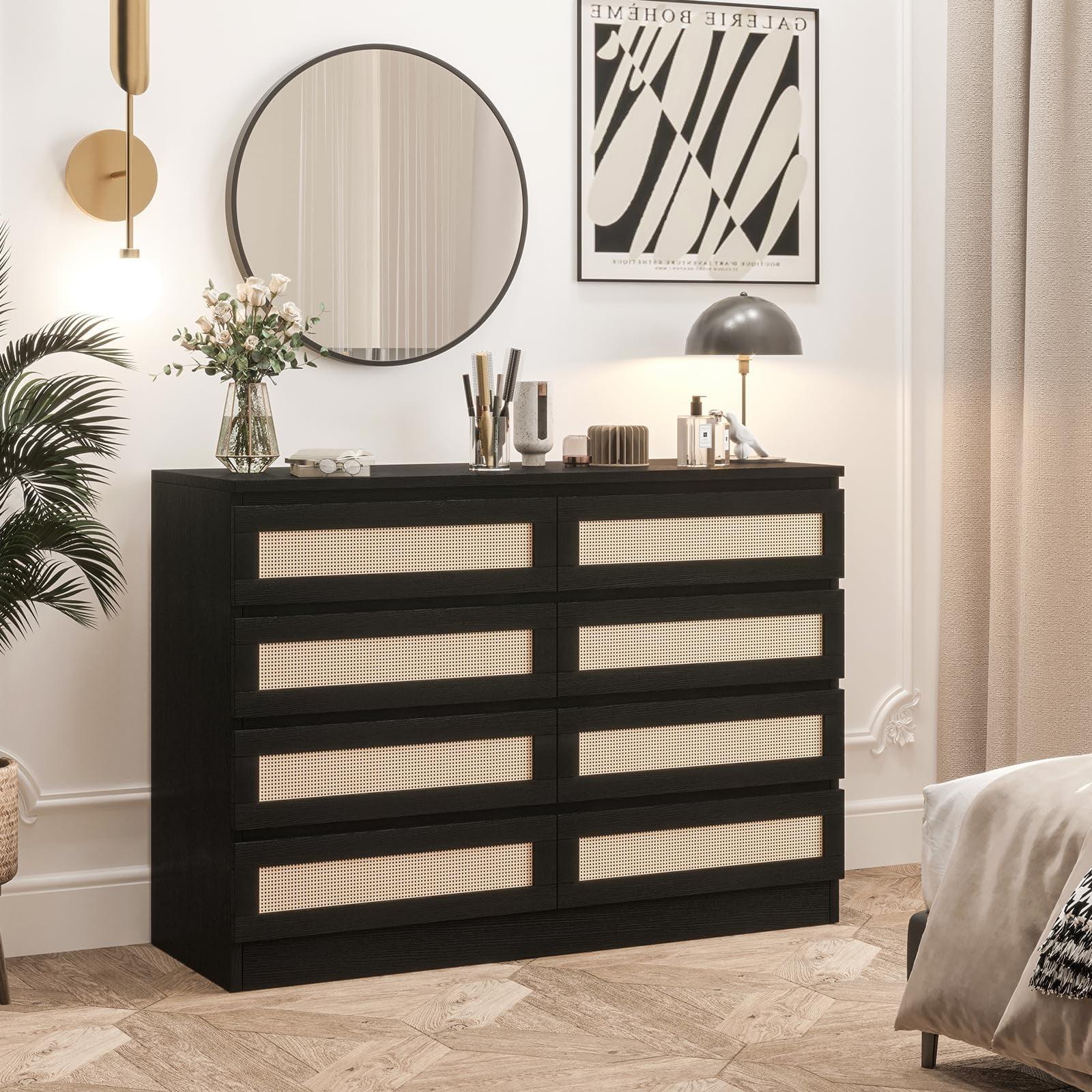 Faitaliicy 8 Drawer Double Dresser For Bedroom Wood Rattan Dresser Chest Of Drawers Modern Beside Table Wide Storage Cabinet For Closet Bedroom Living Room Entryway