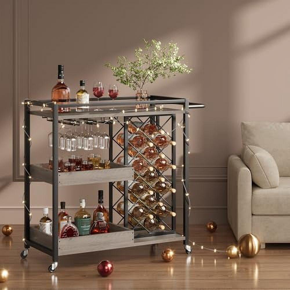 Bar Cart, 3 Tier Bar Carts for The Home, Home Bar & Serving Carts, Rolling Bar Cart with Wheels,Drink Cart with Wine Rack & Wine Glass Holder Up to 24