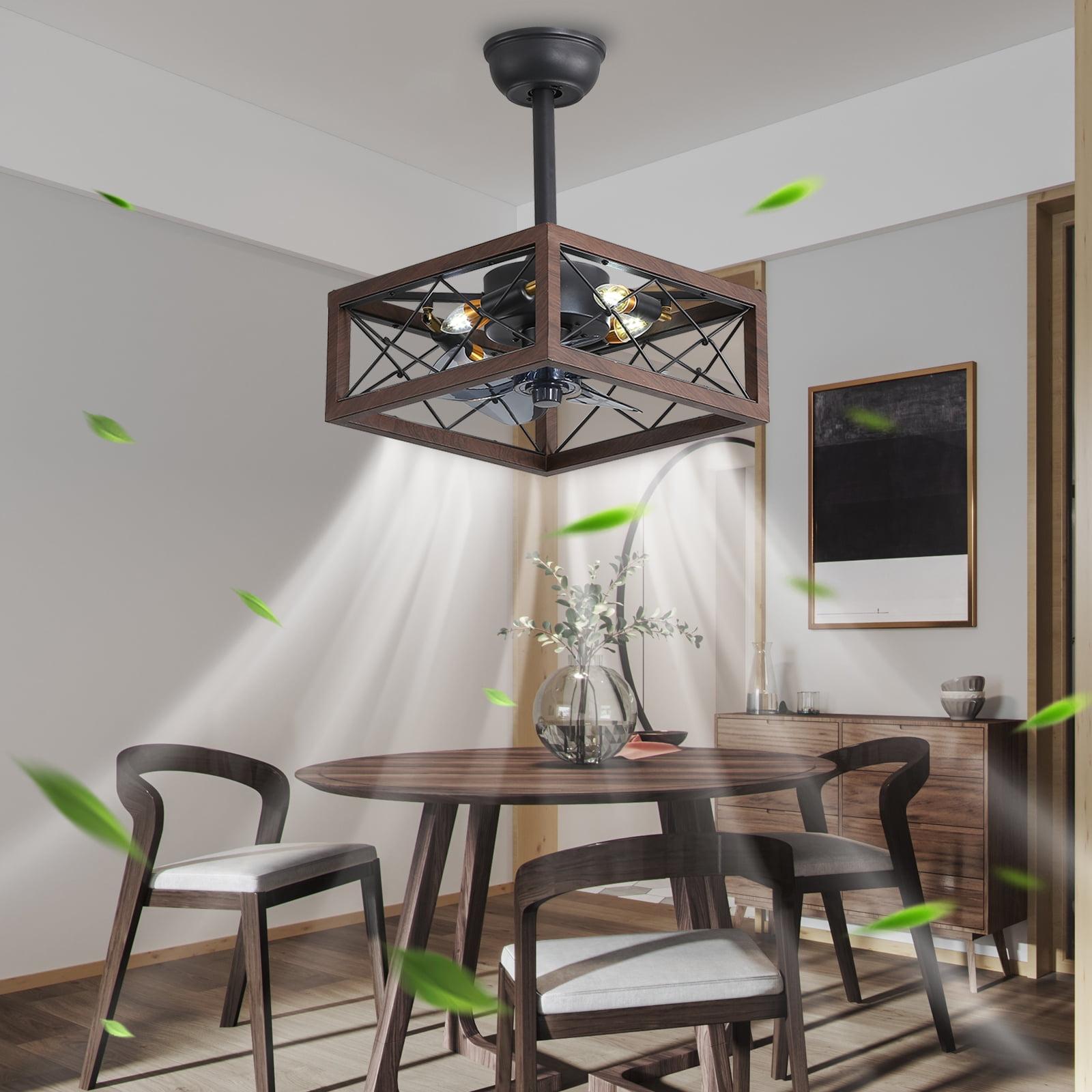 Yesurprise Caged Ceiling Fan with Lights, 18" Square Ceiling Fan with Remote & APP Control, 5 ABS Blades, 6 Speed Wind, Reversible DC Motor, 1H/2H/4H Timing for Living Room (Bulbs Include)