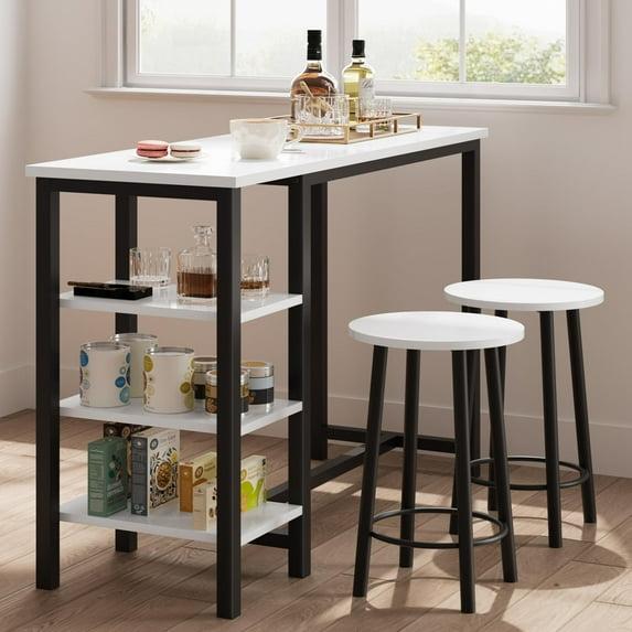 Counter Height Dining Table with Stools, Bar Table Set with 3 Storage Shelves, 3 Piece Dining Table Set for Small Space, Apartment, Kitchen, White