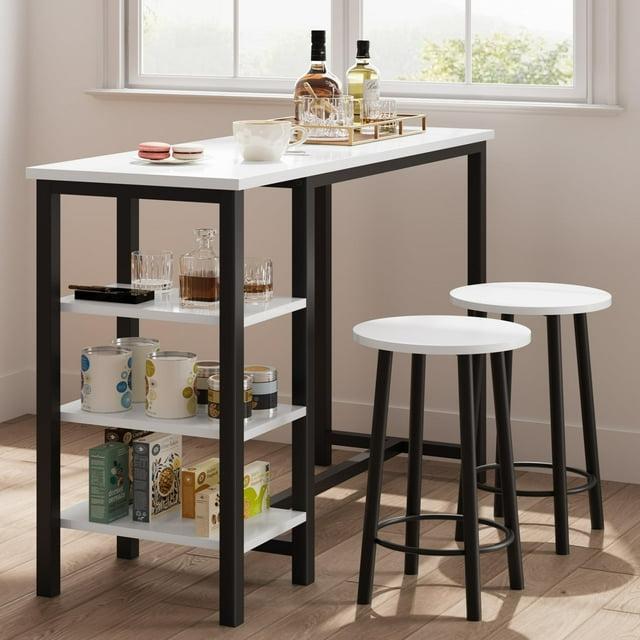 Bar Table with 2 stools, Counter Height Table with 3 Storage Shelves, 3 Piece Dining Table Set for Small Space, Apartment, Kitchen, White&Black