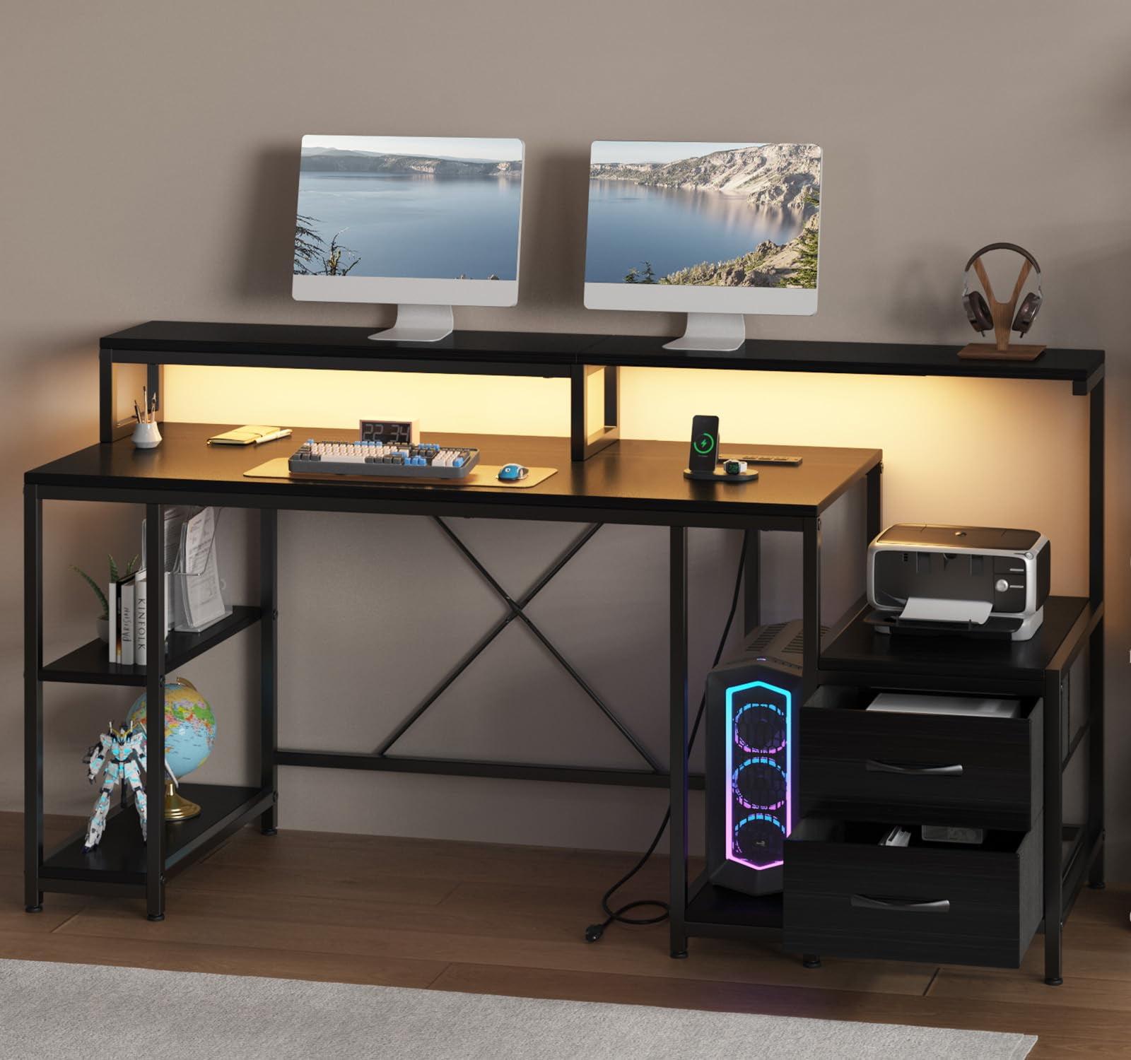 Black Wood Gaming Desk with LED Light and Power Outlets