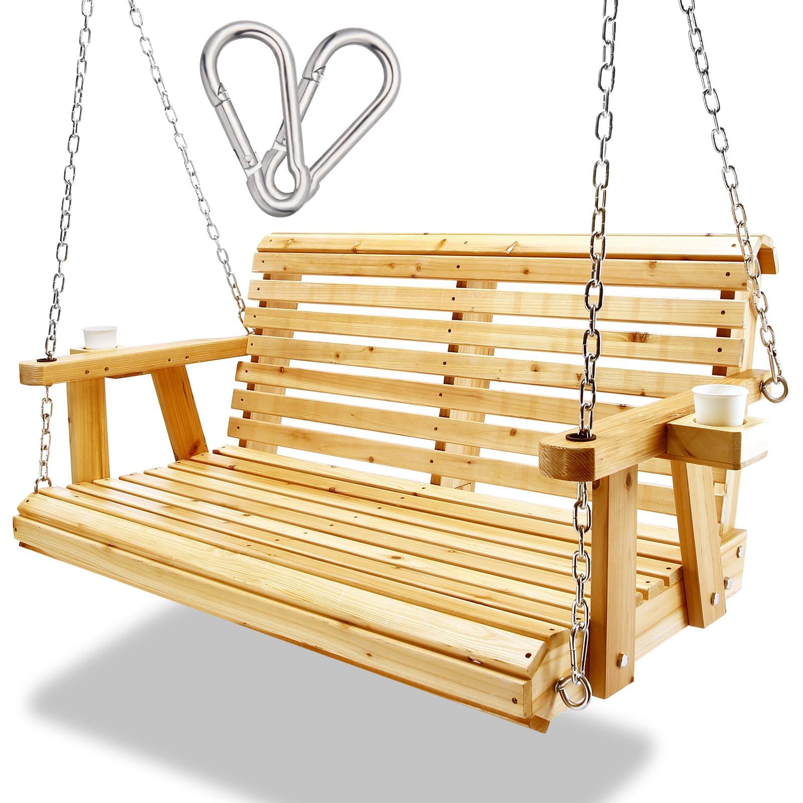 Natural Wood 2-Seater Porch Swing with Hanging Chains