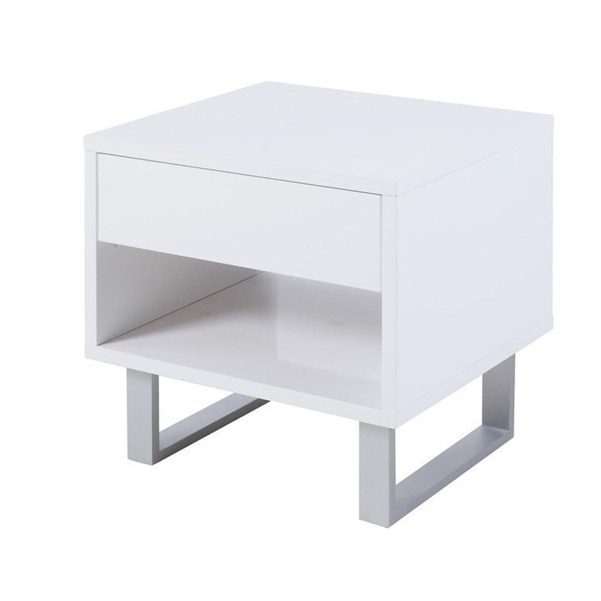 Contemporary White Glossy End Table with Metal U-Legs and Storage Drawer