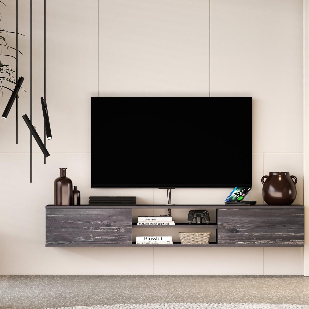 Walnut Wall Mounted Floating TV Stand with Cabinet