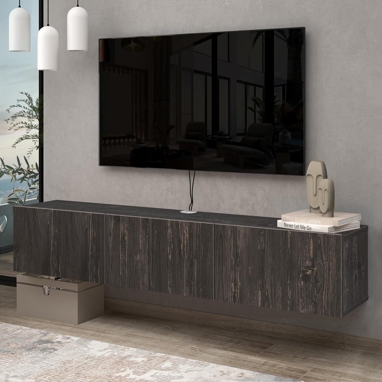 Black Wood Floating TV Stand for 65-80 Inch TVs