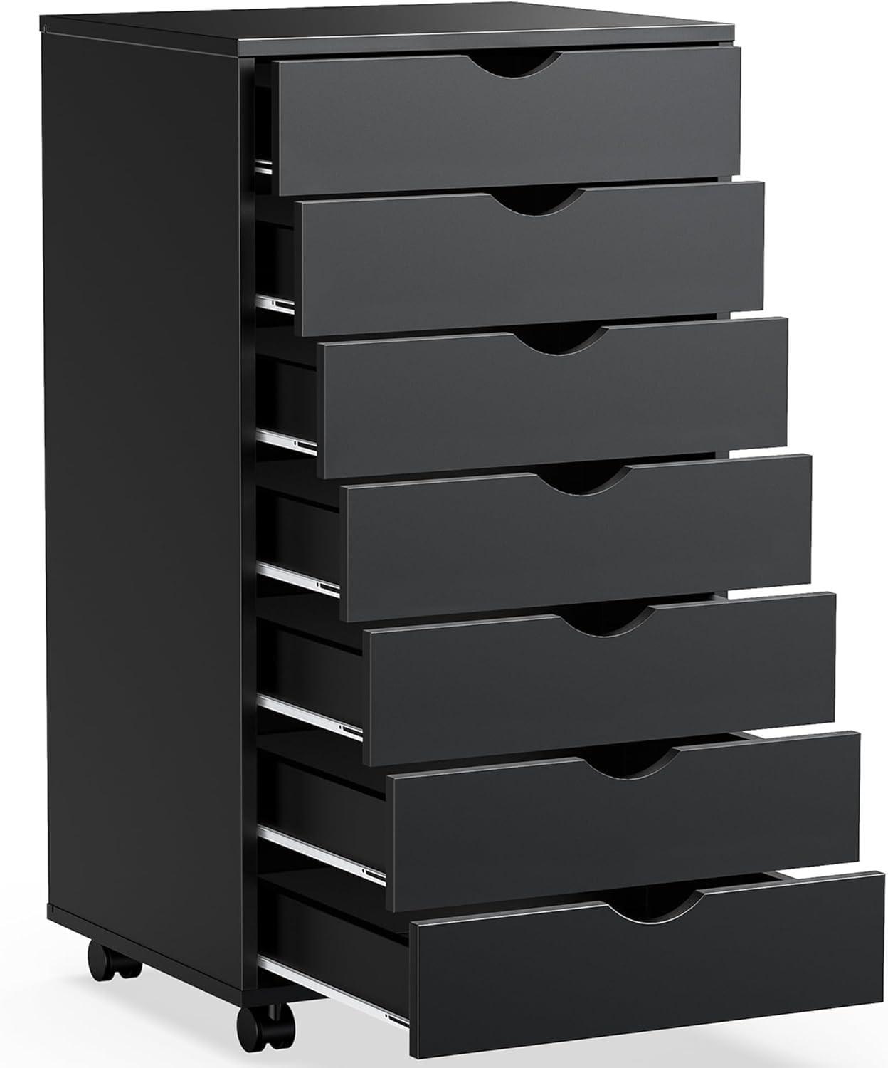 Atilioo 7 Drawer Chest, Wood Dresser with Wheels, Sturdy Storage Cabinet, Perfect for Home Office or Bedroom, Black
