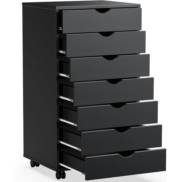 Atilioo 7 Drawer Chest, Wood Dresser with Wheels, Sturdy Storage Cabinet, Perfect for Home Office or Bedroom, Black