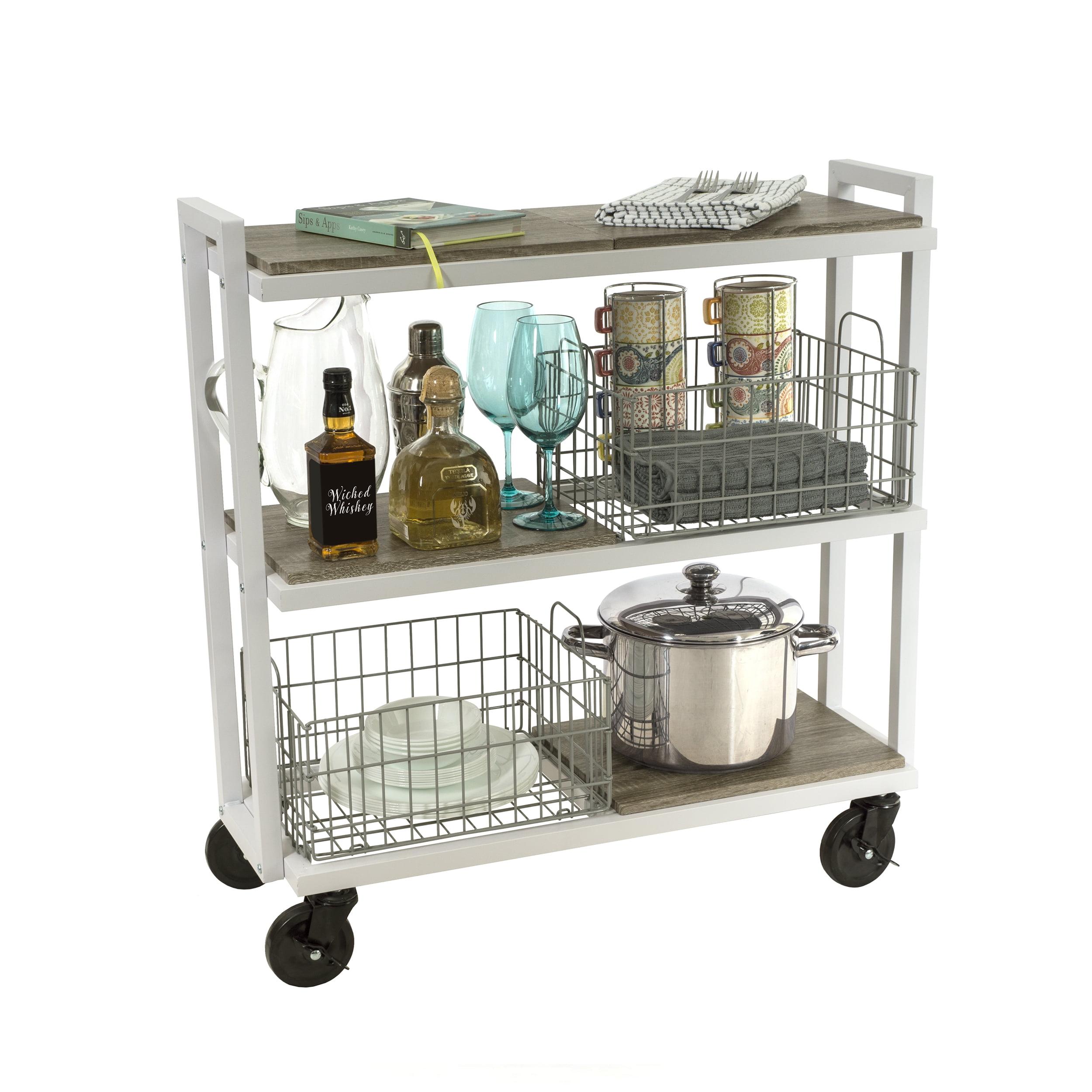 Gray and White 3-Tier Wood Grain Trolley with Metal Baskets