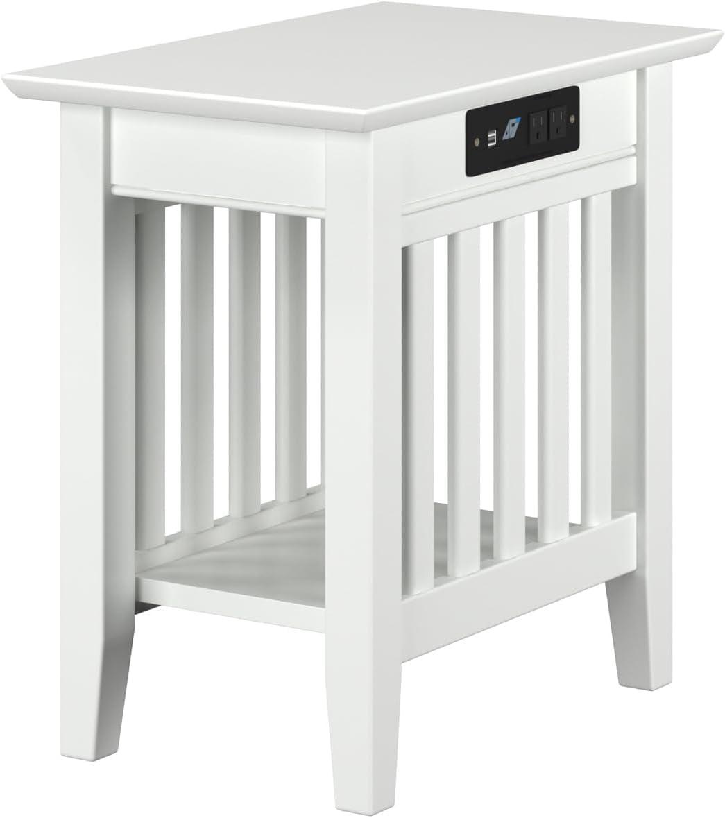 Eco-Friendly Hardwood Rectangular End Table with Charging Station in White