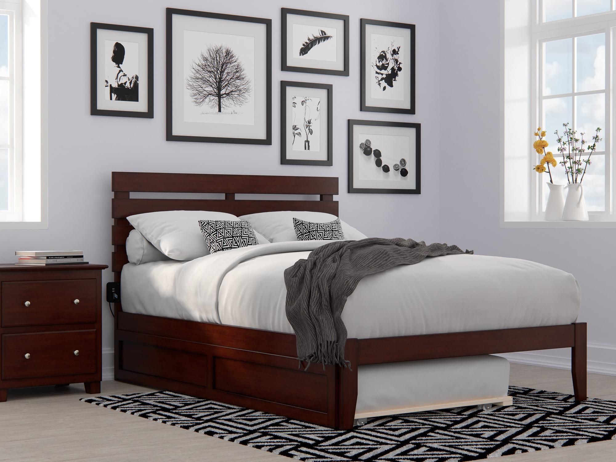 Walnut Full Wood Platform Bed with Trundle and USB Charger