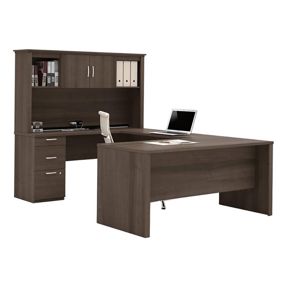 Executive White Mahogany U-Shaped Desk with Hutch and Power Outlet