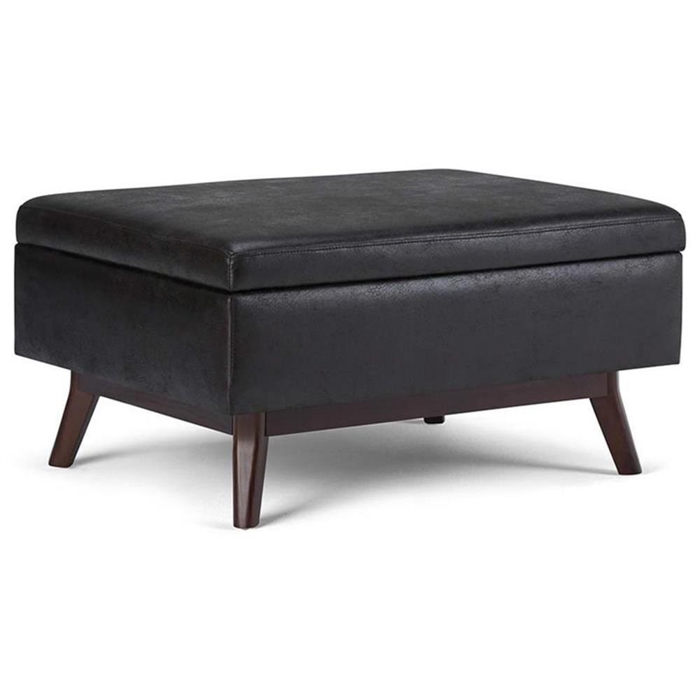 Simpli Home Owen Faux Leather Storage Coffee Table Ottoman in Distressed Black