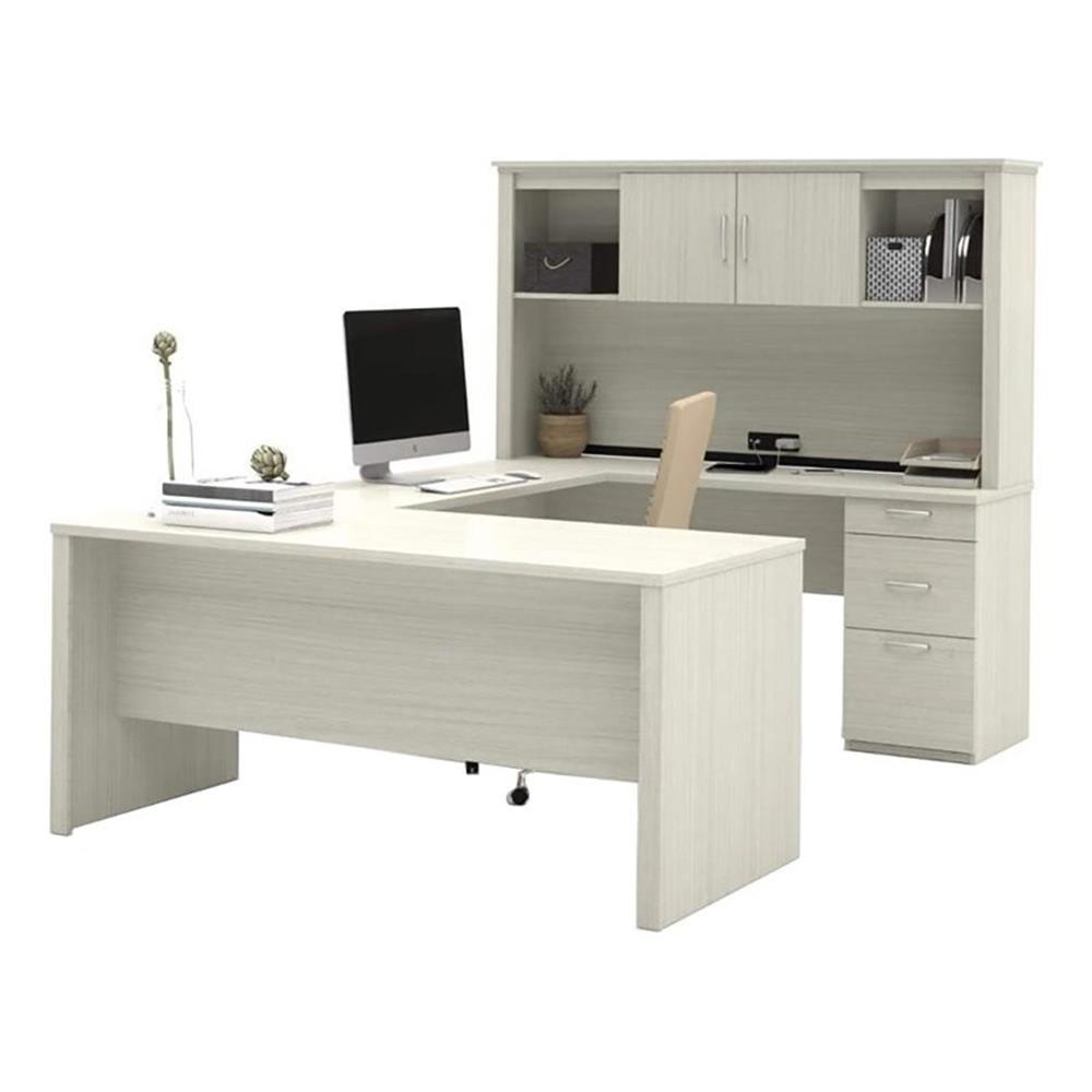 Modern White Wood U-Shaped Desk with Hutch and Filing Cabinet